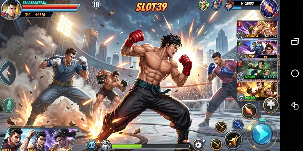 Screenshot utama SLOT39 menampilkan aksi pertarungan dinamis.